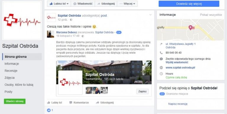Pozytywne opinie o szpitalu na profilu Facebook
